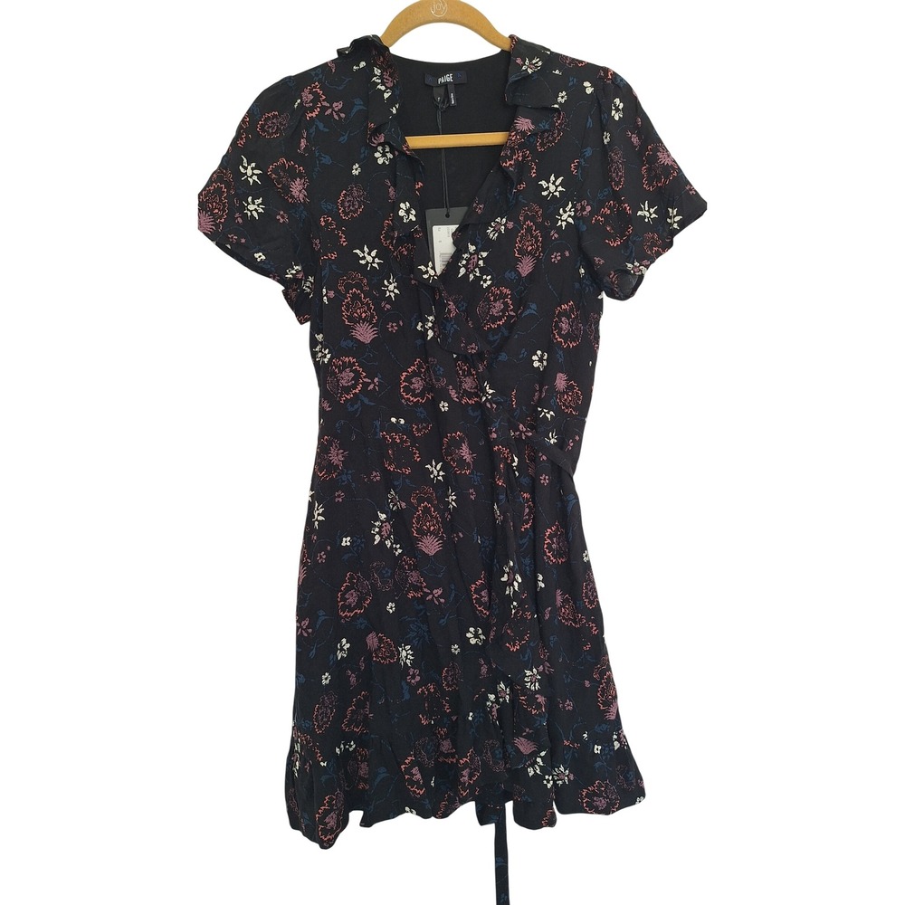 PAIGE Cardamom Dress Black Old Rose Floral Wrap Mini Ruffle Rayon S